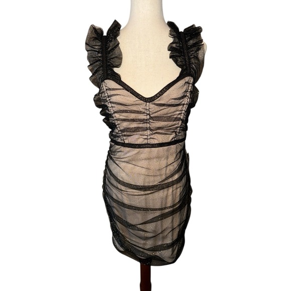 Lulus Dress Sz L Dazzling Black Beige Metallic Bodycon Mini Whimsigoth Fairy - Picture 3 of 12